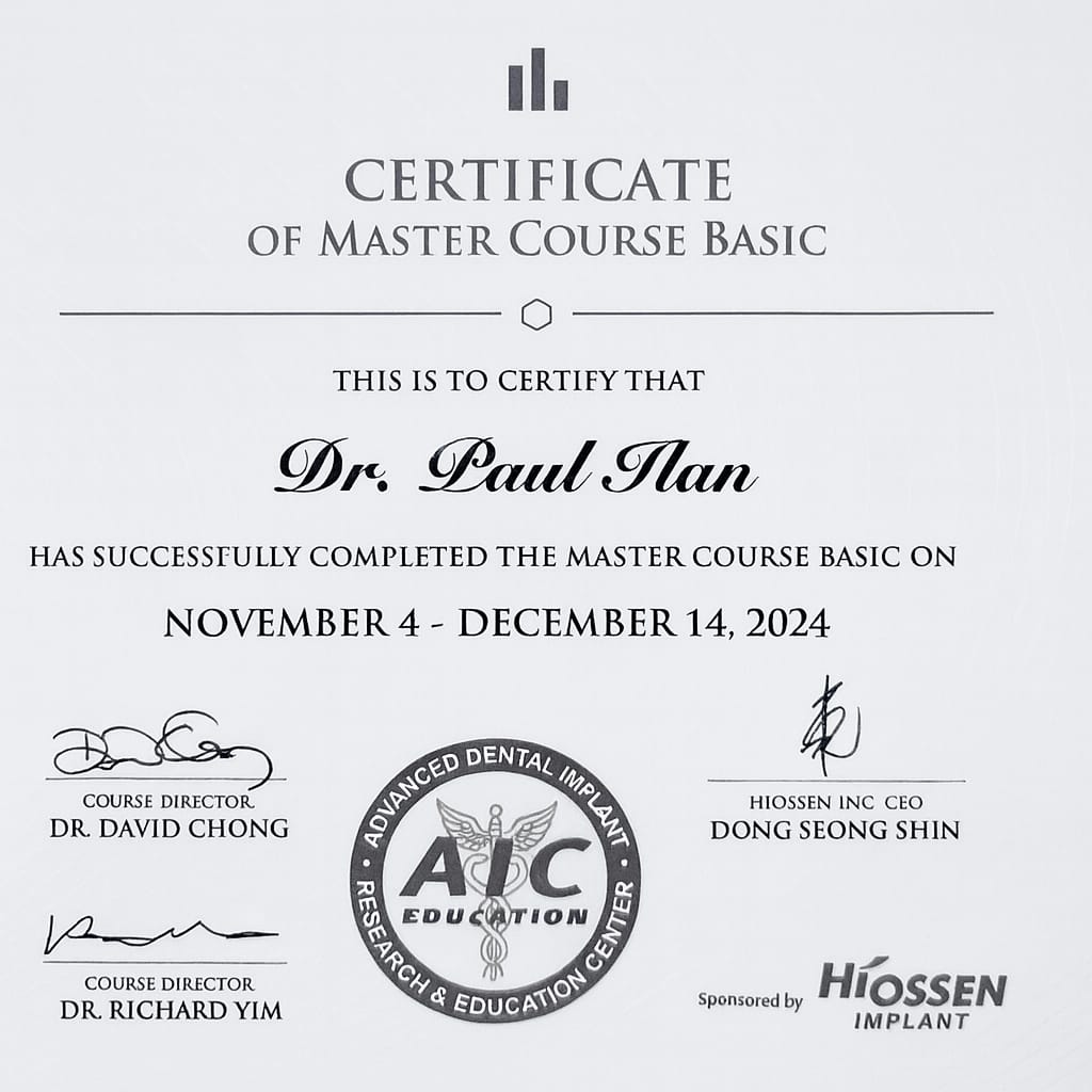 Certificate titled “Certificate of Master Course Basic” awarded to Dr. Paul Ilan for successfully completing the Master Course Basic from November 4 to December 14, 2024, featuring official signatures, the Advanced Dental Implant Research & Education Center (AIC) seal, and sponsorship by Hiossen Implant.