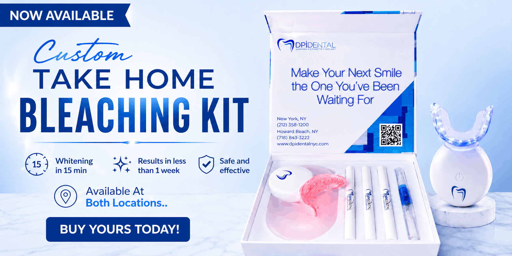 DPI Dental custom take-home bleaching kit with whitening trays and LED device